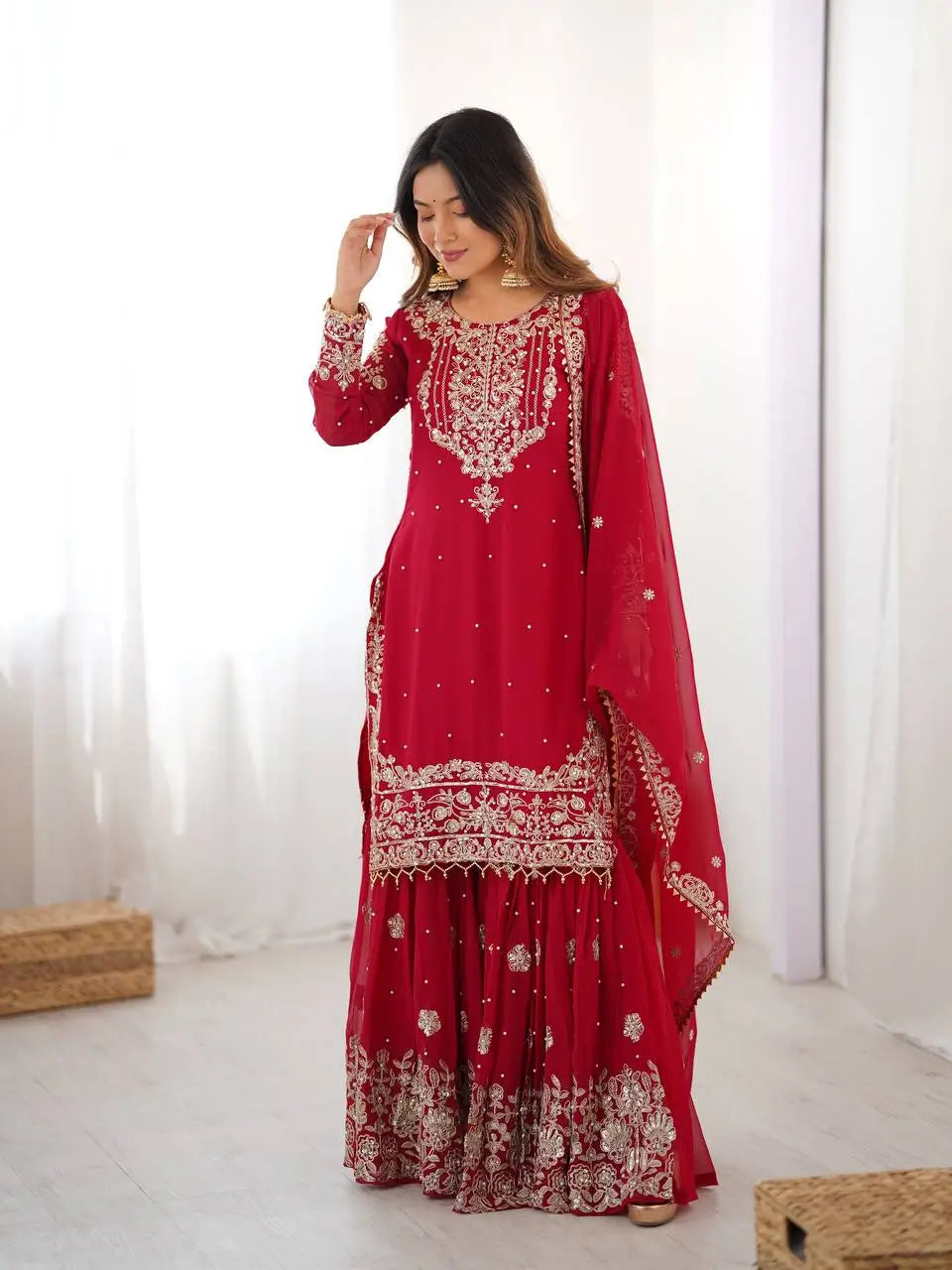 Red Embroidered Sharara Set