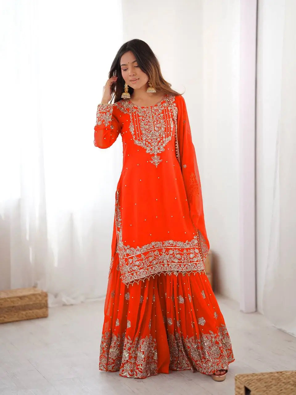 Bright Orange Embroidered Sharara Set