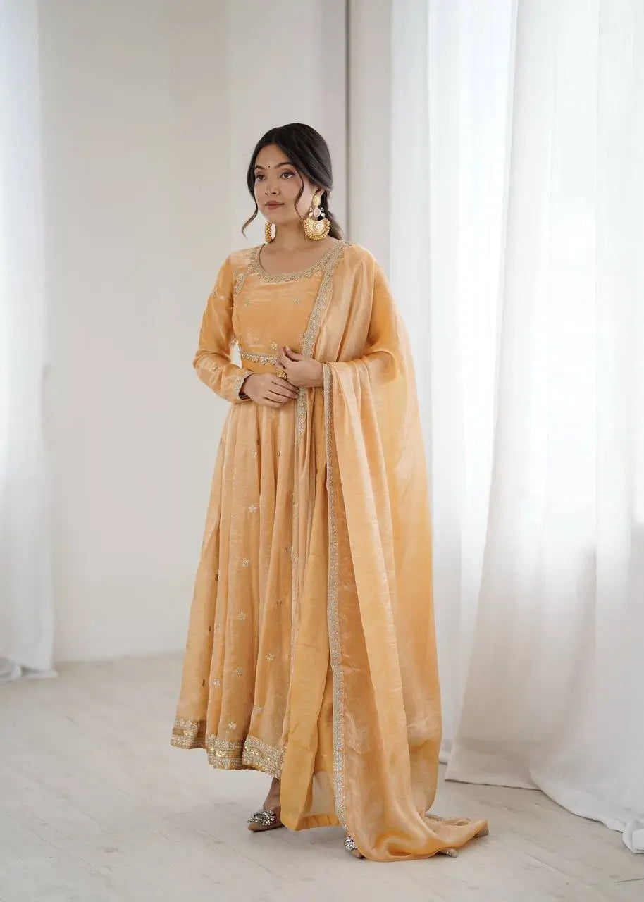 Mustard Yellow Embroidered Silk Gown Set