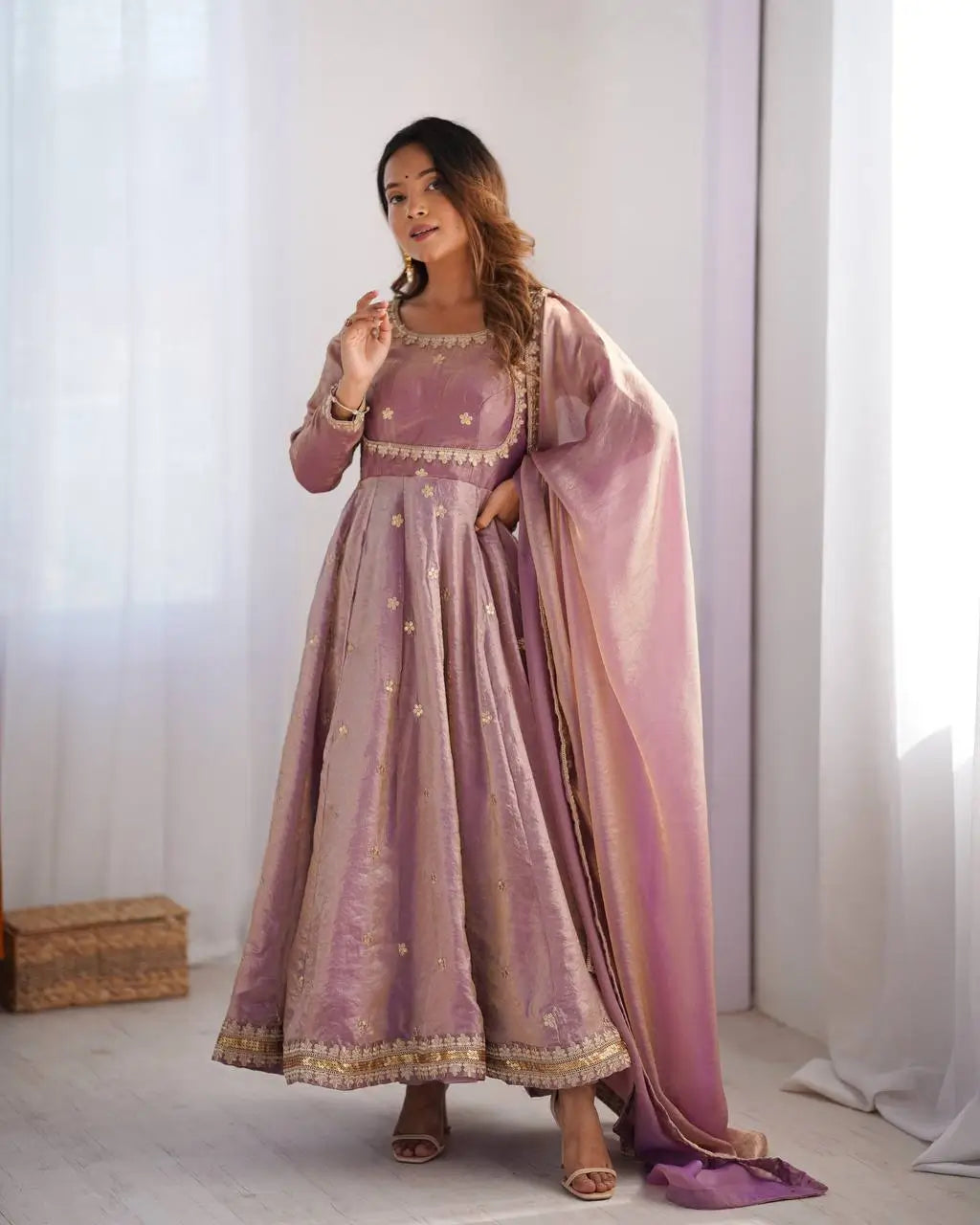 Mauve Pink Embroidered Silk Gown Set