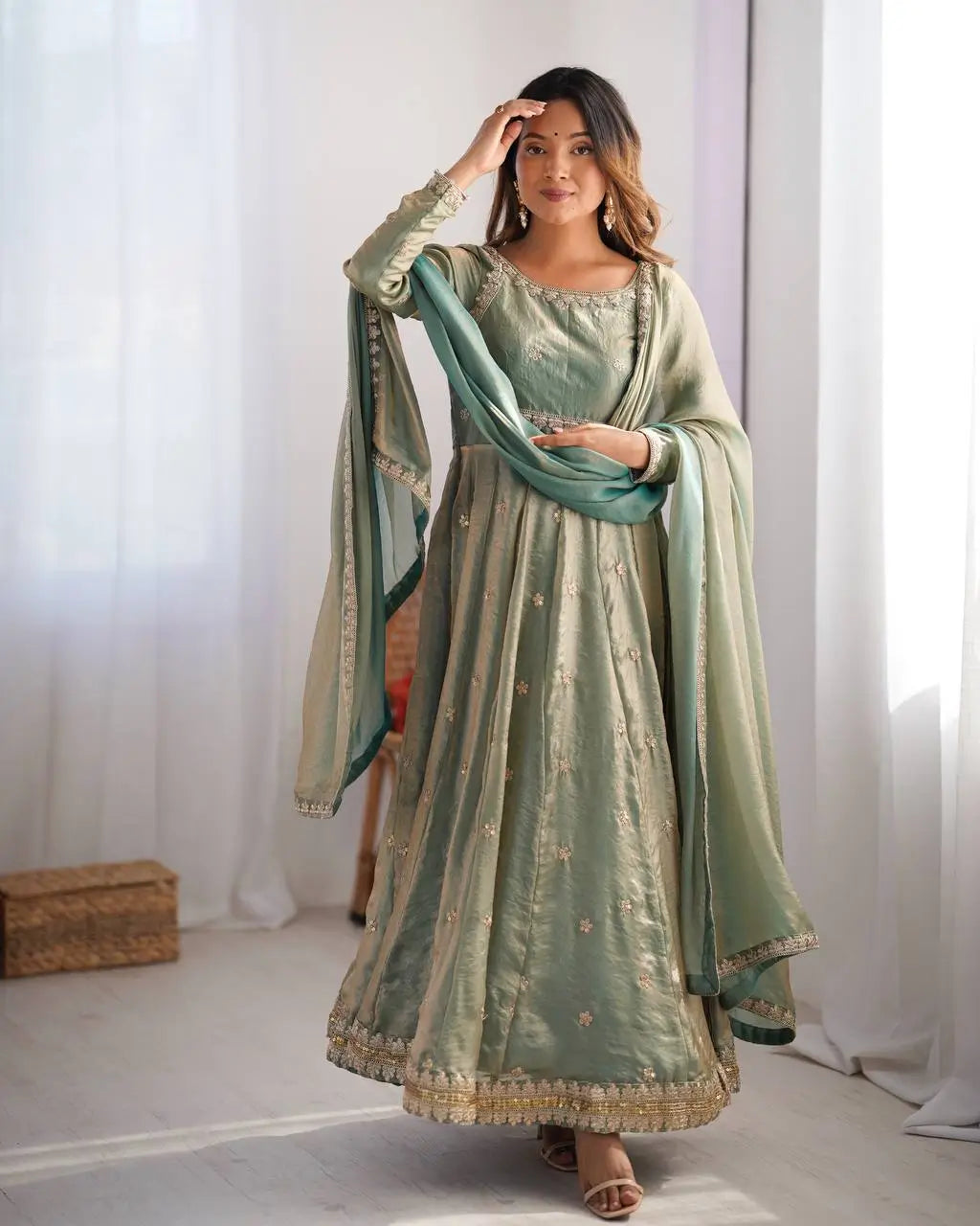 Sage Green Embroidered Silk Gown Set