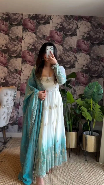 Ivory & Aqua Blue Embroidered Anarkali Set
