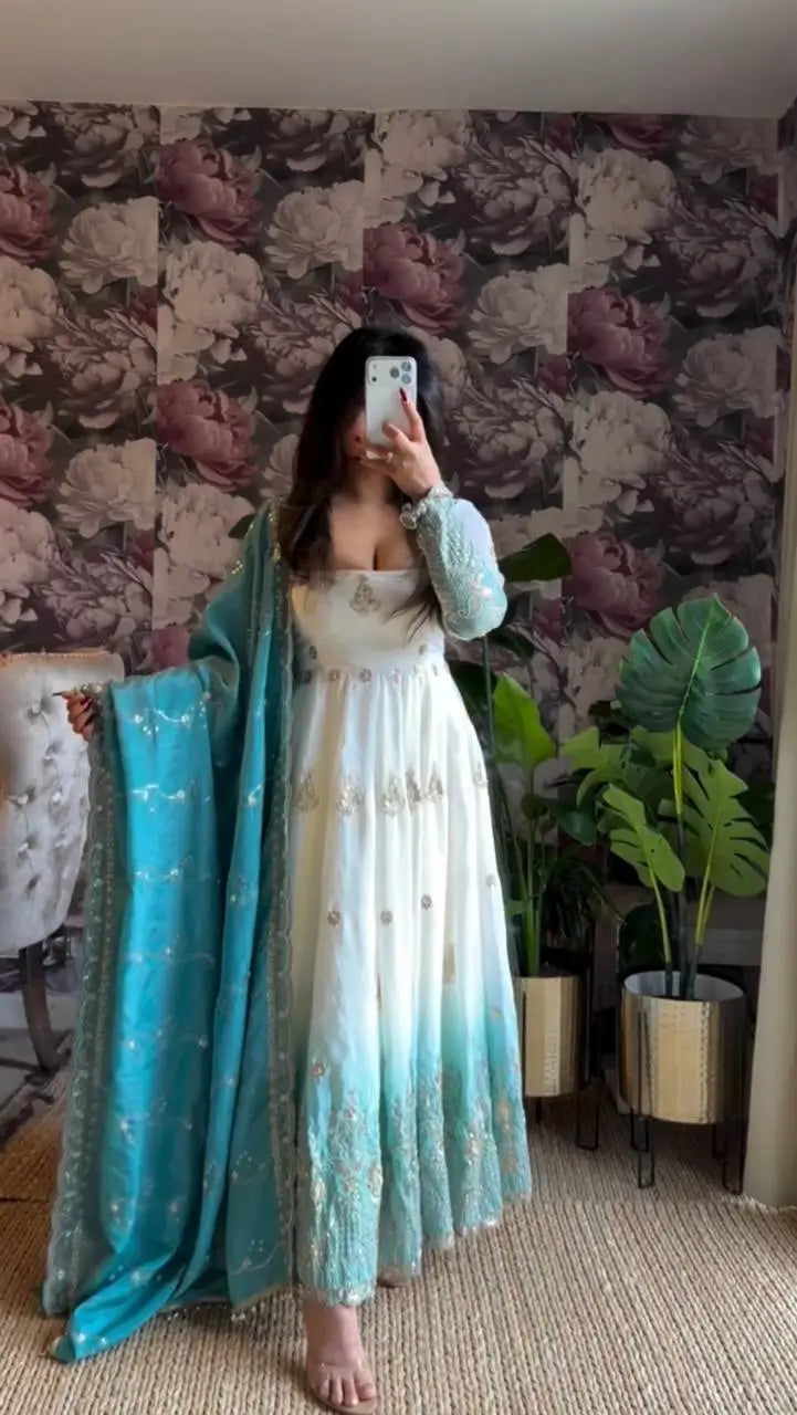 Ivory & Aqua Blue Embroidered Anarkali Set