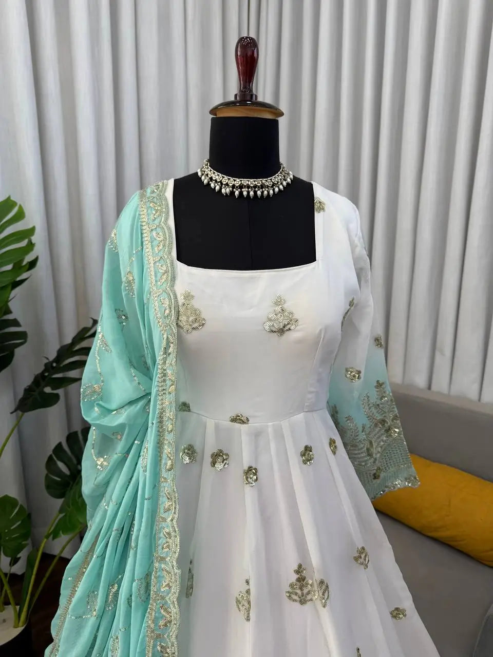Ivory & Aqua Blue Embroidered Anarkali Set