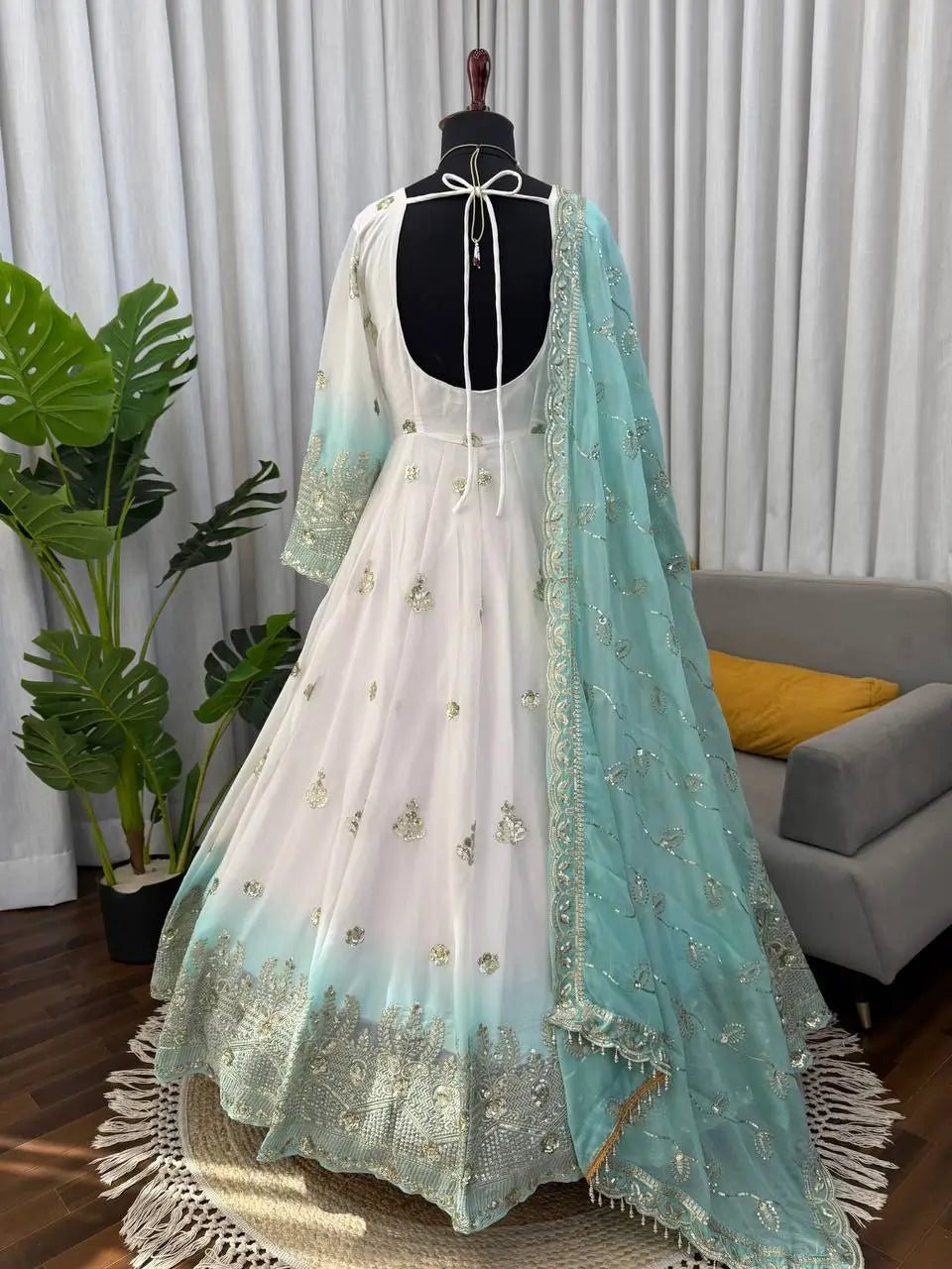 Ivory & Aqua Blue Embroidered Anarkali Set