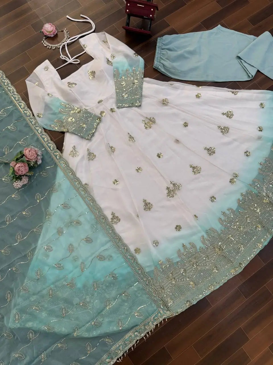 Ivory & Aqua Blue Embroidered Anarkali Set