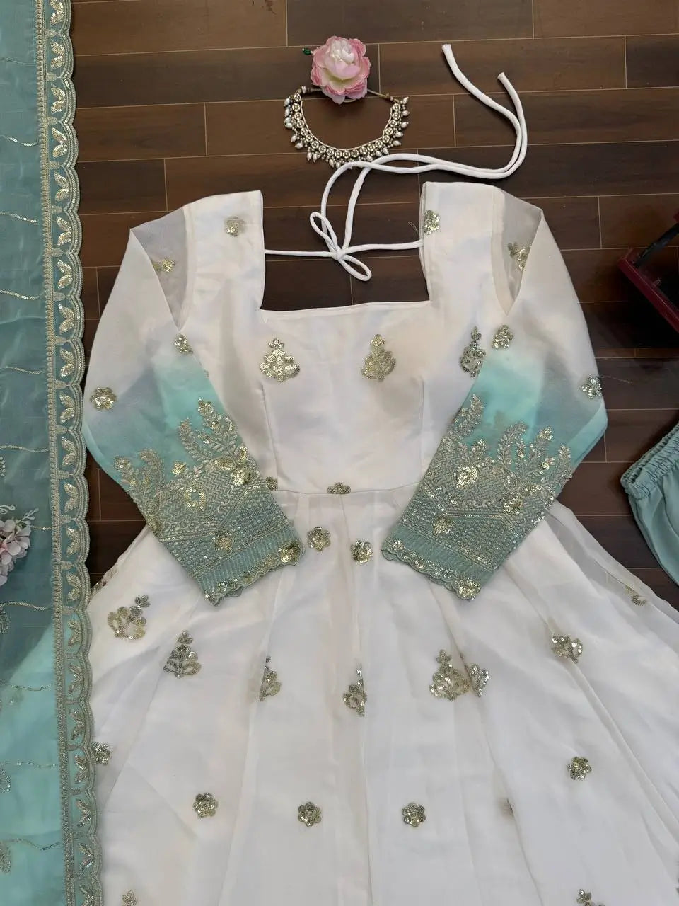 Ivory & Aqua Blue Embroidered Anarkali Set