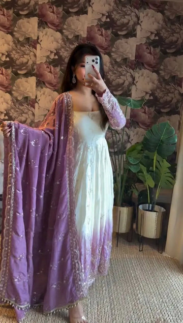Ivory & Lavender Embroidered Anarkali Set