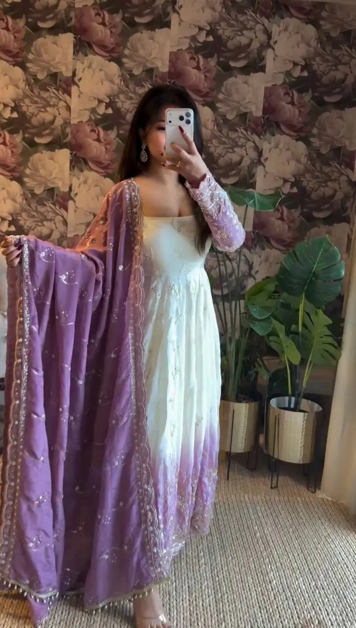 Ivory & Lavender Embroidered Anarkali Set