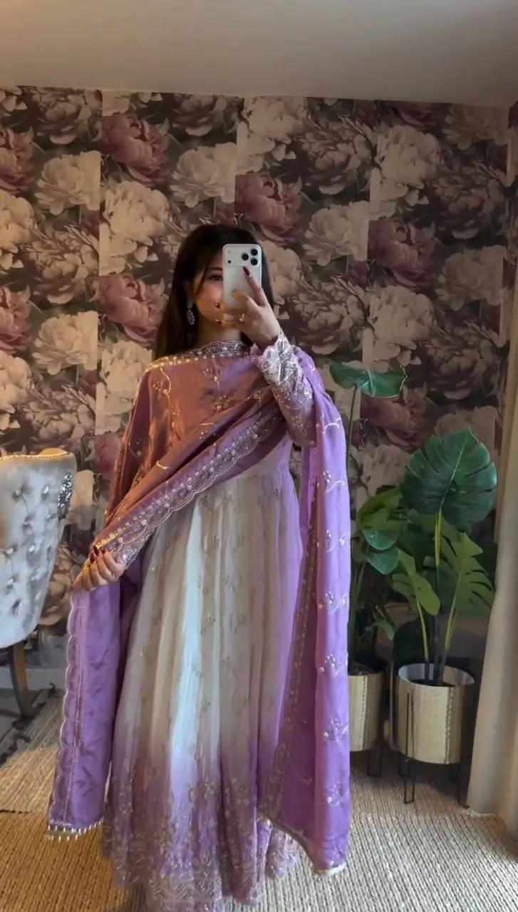 Ivory & Lavender Embroidered Anarkali Set