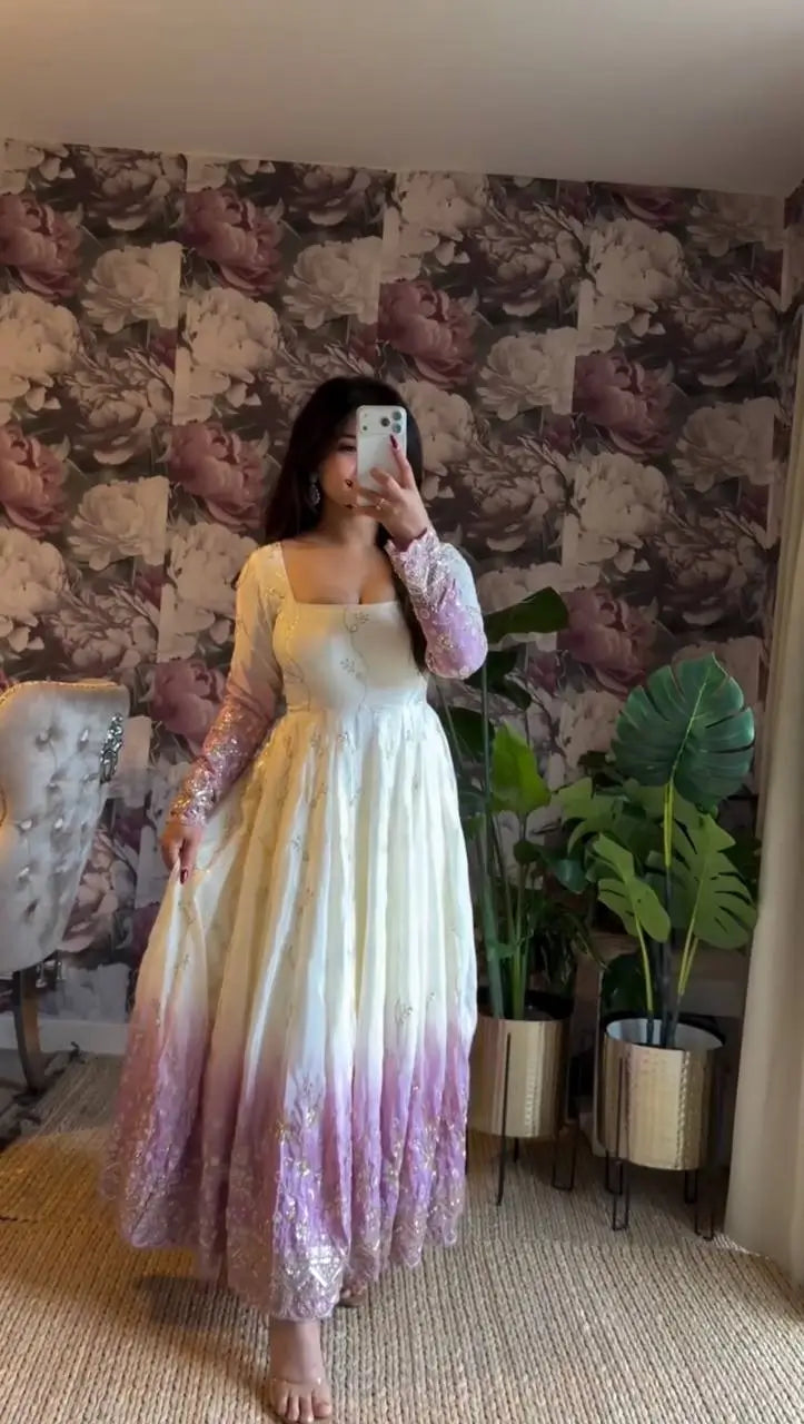 Ivory & Lavender Embroidered Anarkali Set