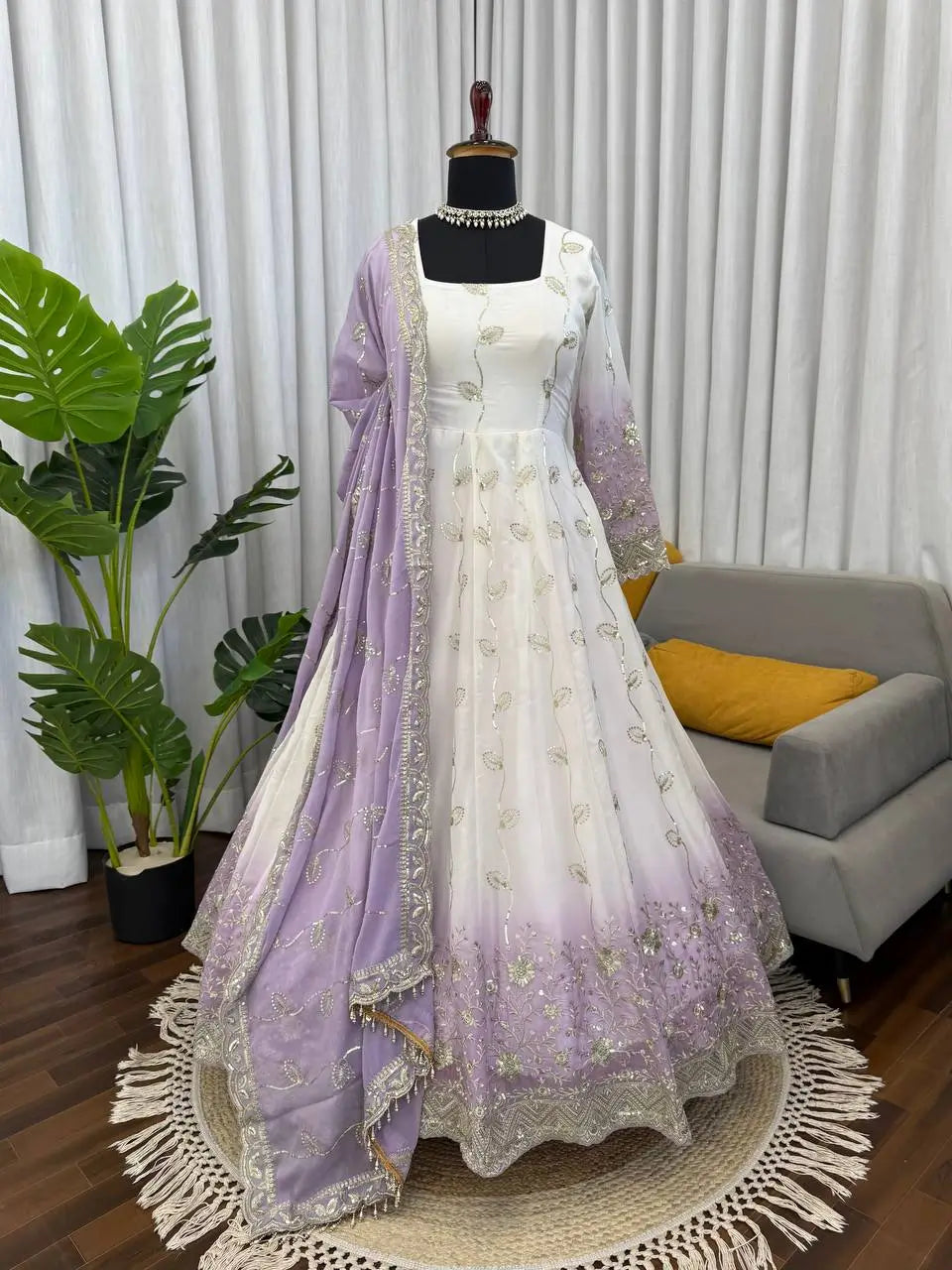 Ivory & Lavender Embroidered Anarkali Set