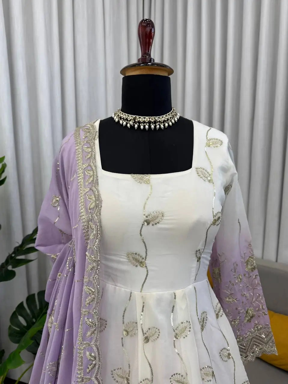 Ivory & Lavender Embroidered Anarkali Set
