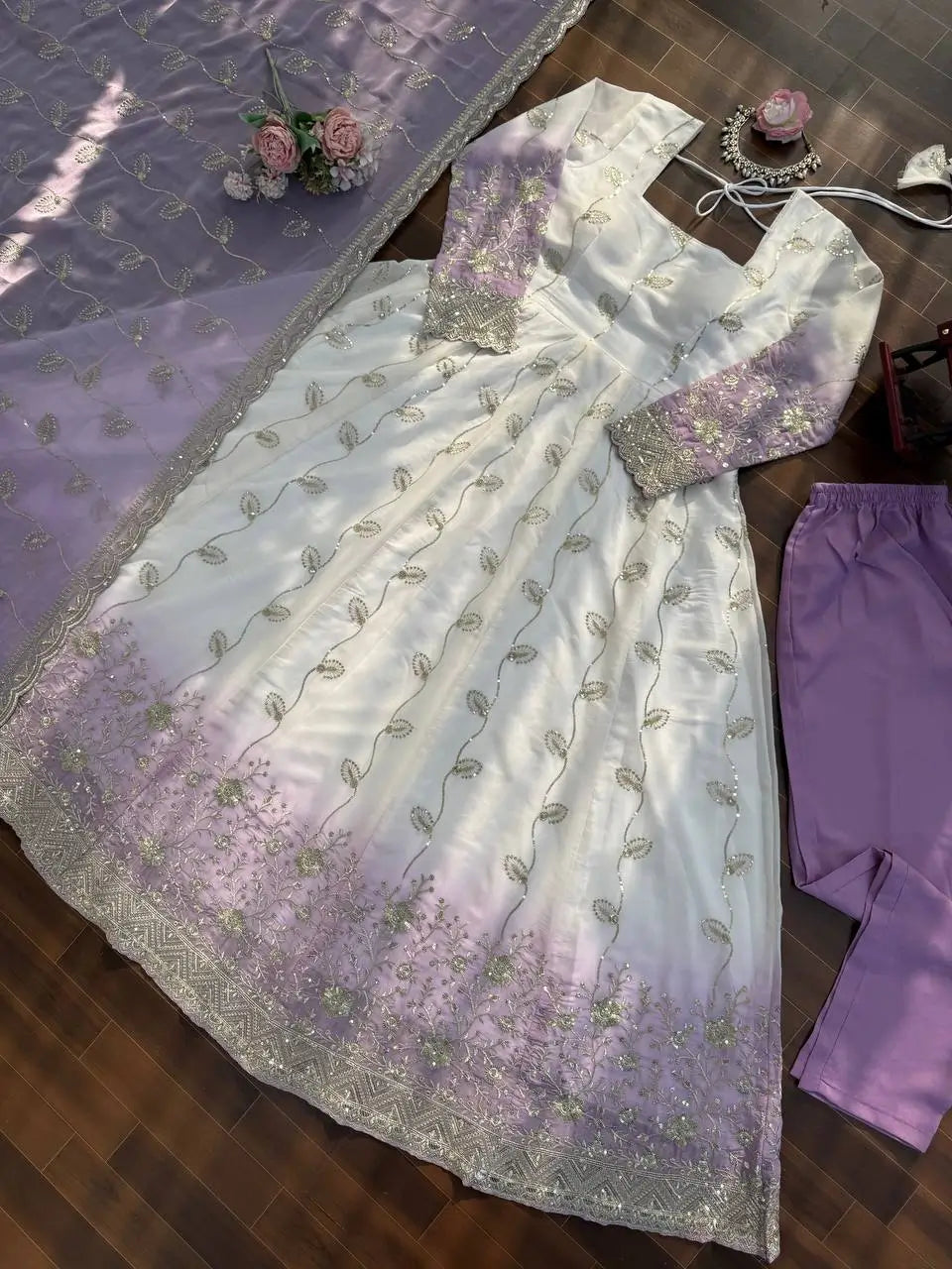 Ivory & Lavender Embroidered Anarkali Set