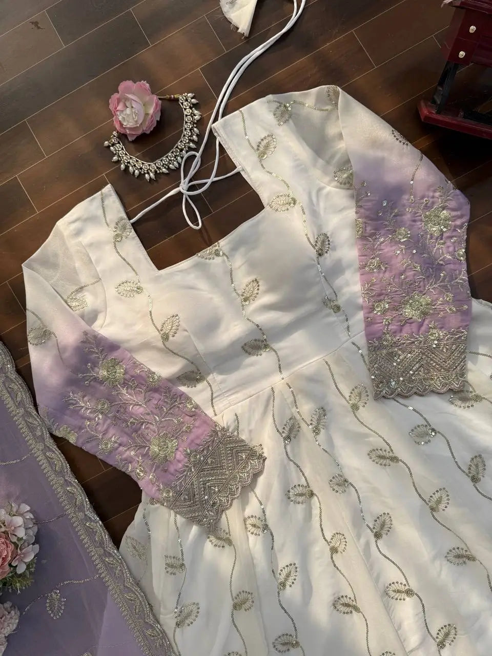 Ivory & Lavender Embroidered Anarkali Set