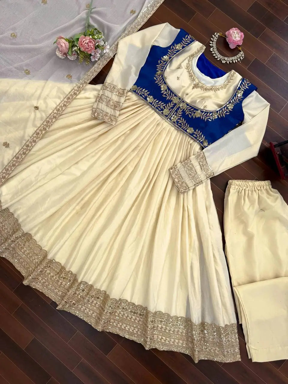 Ivory Cream & Royal Blue Anarkali Set