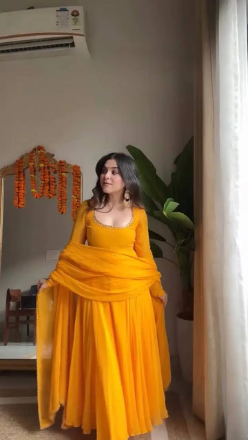 Haldi Yellow Georgette Anarkali Suit Set