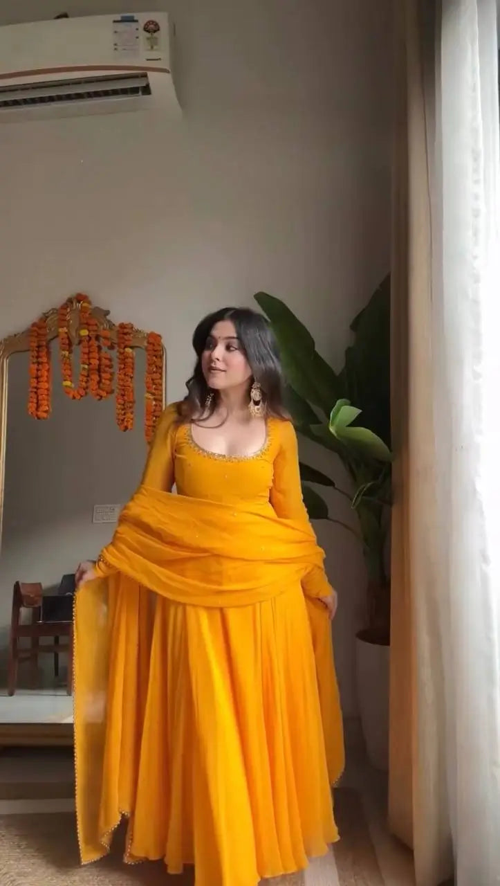 Haldi Yellow Georgette Anarkali Suit Set