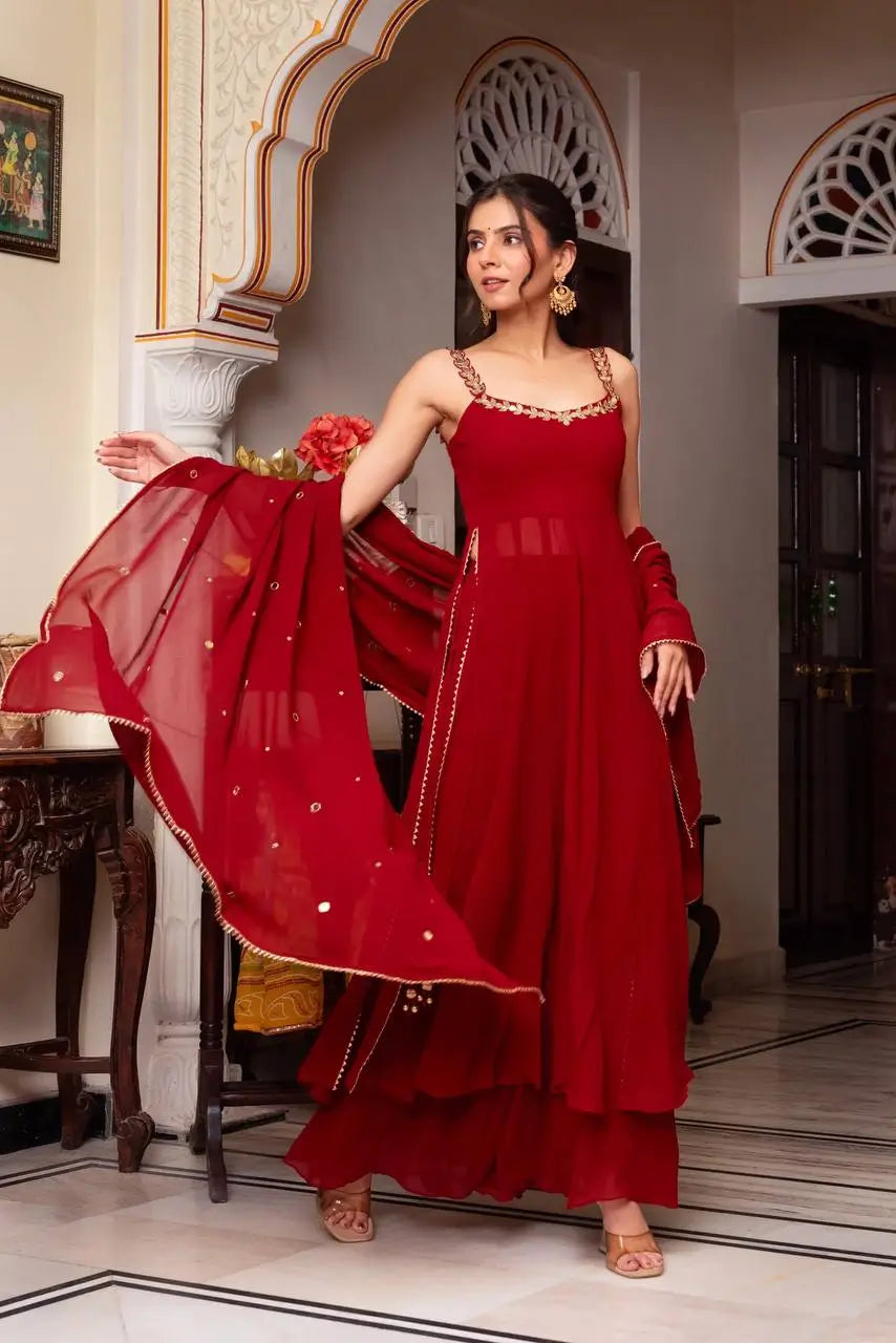 Ruby Red Georgette Anarkali Palazzo Suit Set