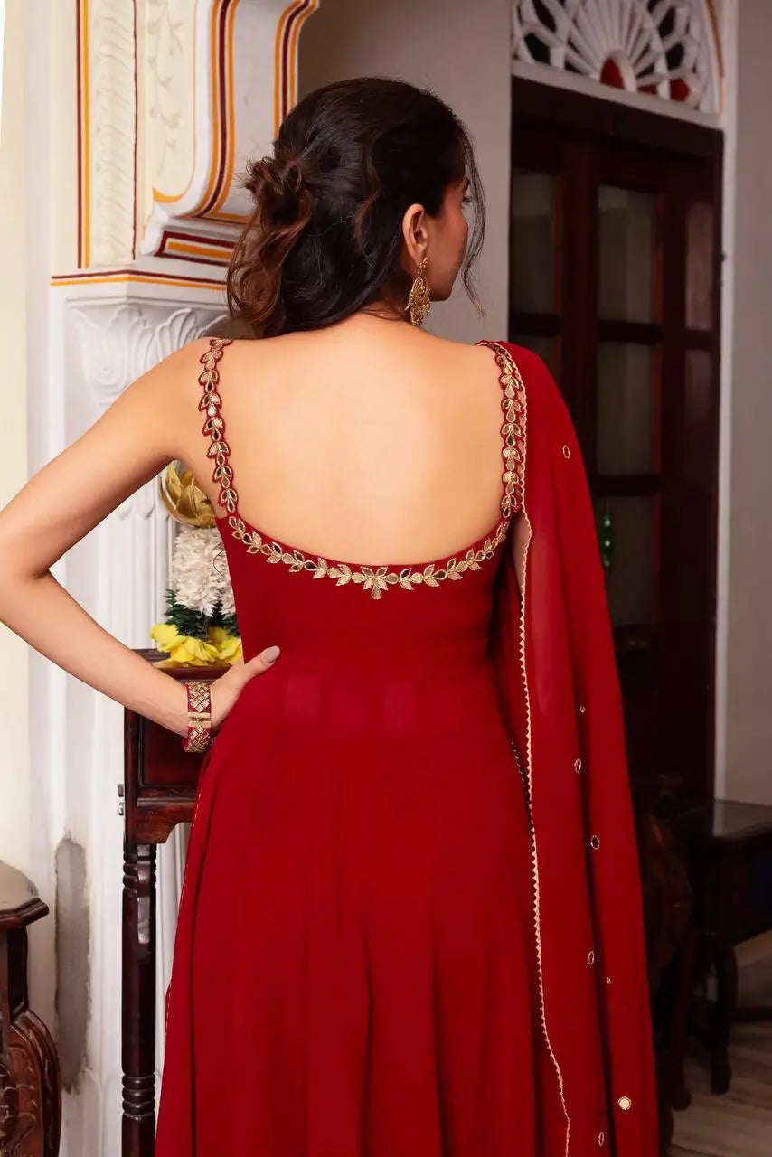 Ruby Red Georgette Anarkali Palazzo Suit Set