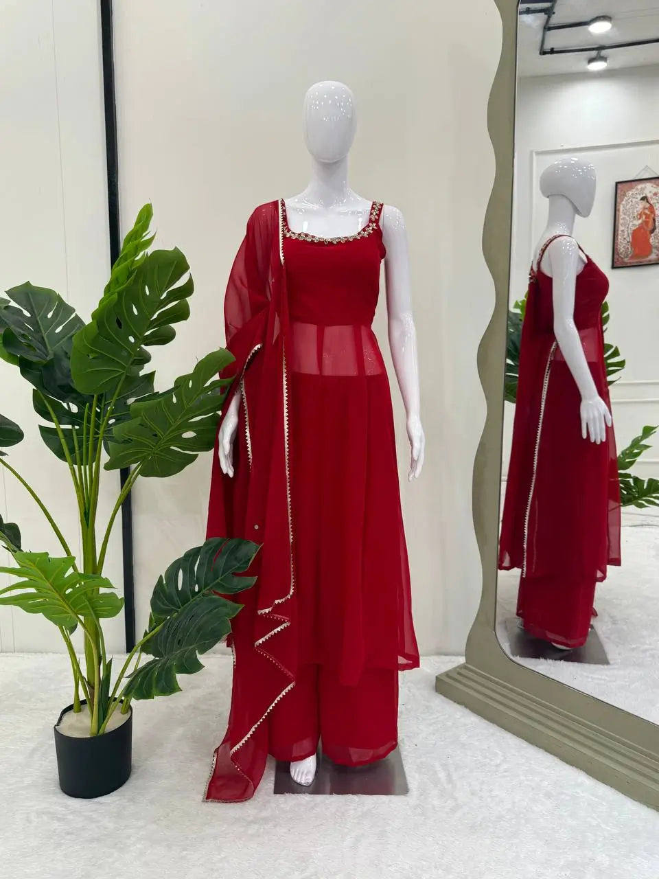 Ruby Red Georgette Anarkali Palazzo Suit Set