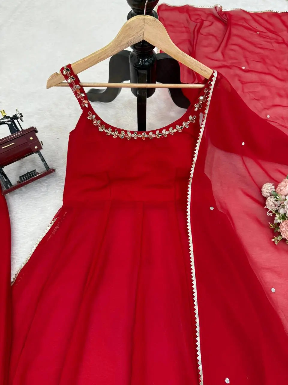 Ruby Red Georgette Anarkali Palazzo Suit Set