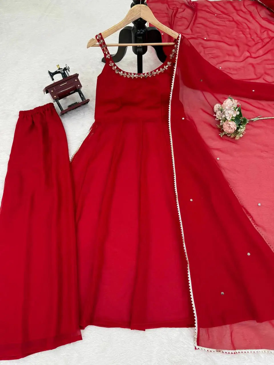 Ruby Red Georgette Anarkali Palazzo Suit Set