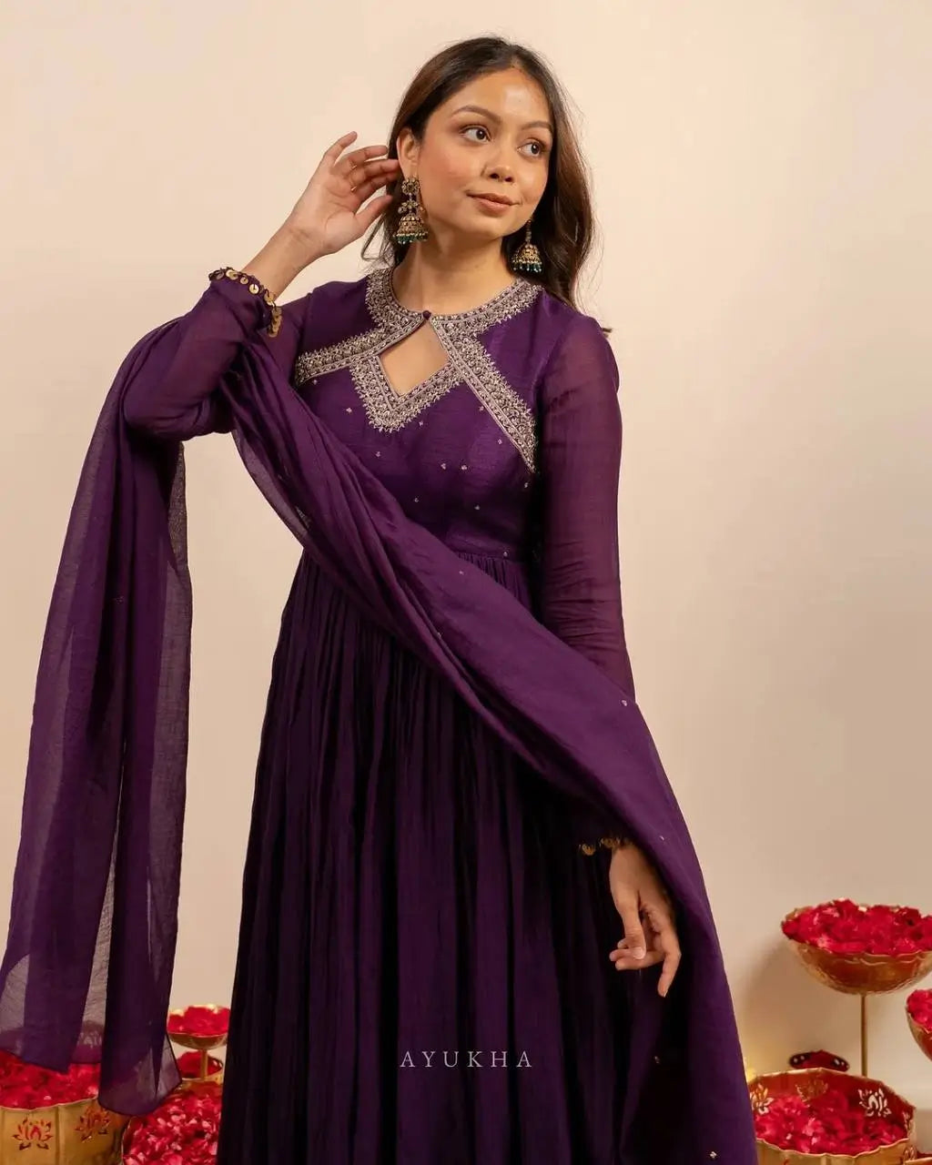 Deep Purple Vichitra Silk Anarkali Suit Set