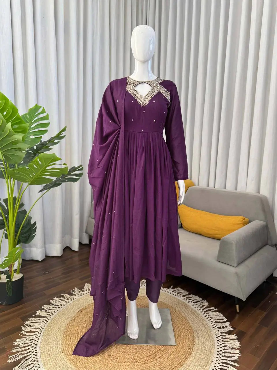 Deep Purple Vichitra Silk Anarkali Suit Set