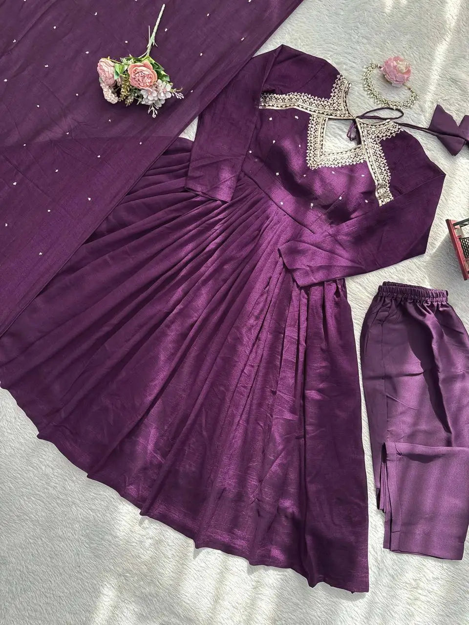 Deep Purple Vichitra Silk Anarkali Suit Set