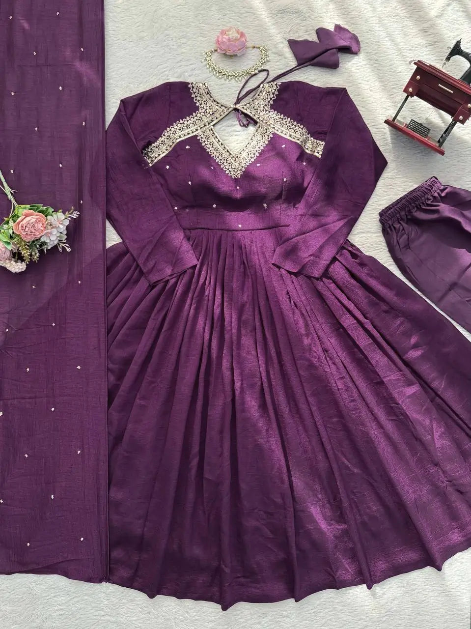 Deep Purple Vichitra Silk Anarkali Suit Set