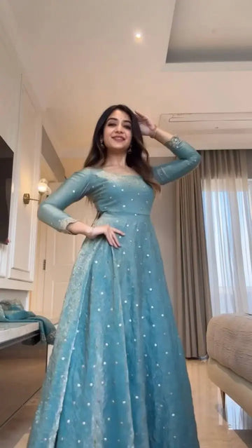 Dusty Teal Fendy Silk Anarkali Palazzo Suit Set