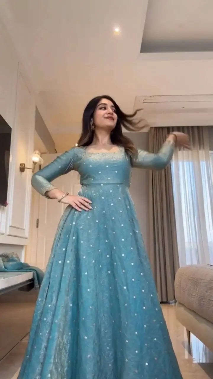 Dusty Teal Fendy Silk Anarkali Palazzo Suit Set