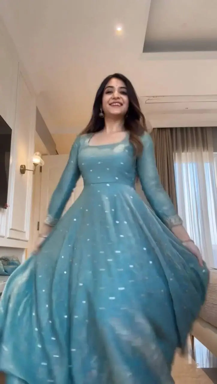 Dusty Teal Fendy Silk Anarkali Palazzo Suit Set
