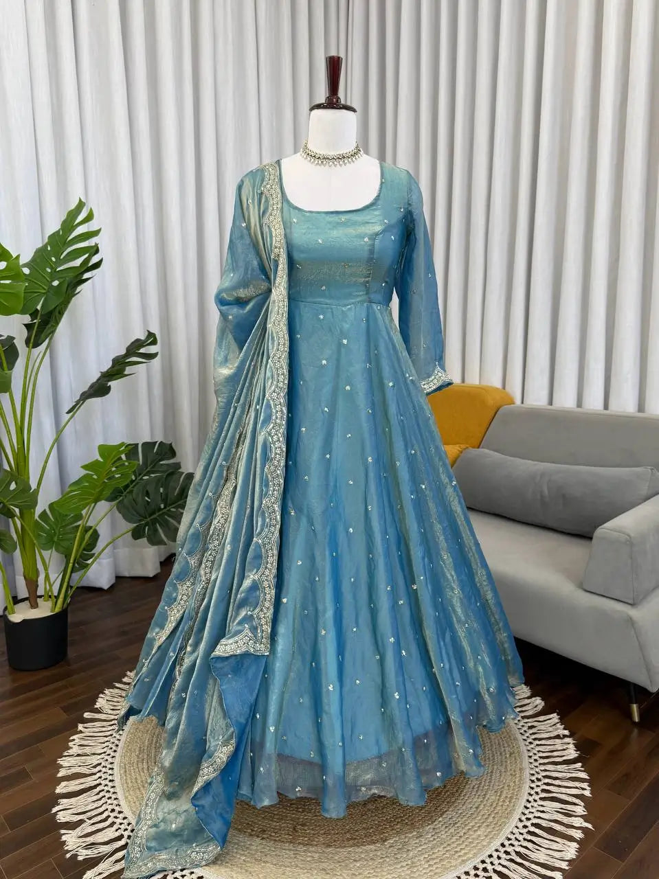 Dusty Teal Fendy Silk Anarkali Palazzo Suit Set