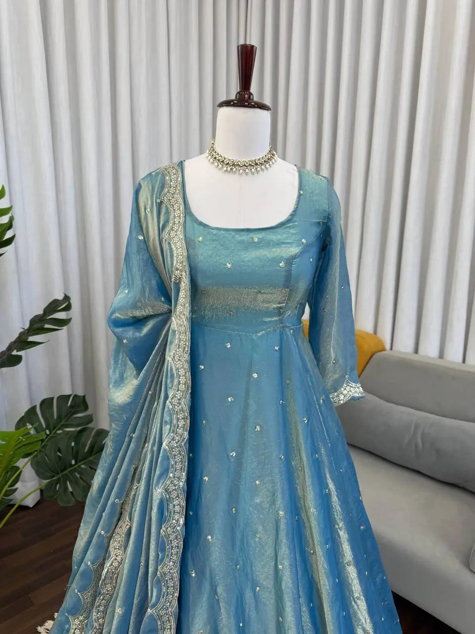Dusty Teal Fendy Silk Anarkali Palazzo Suit Set