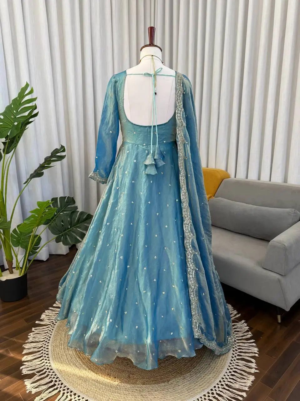 Dusty Teal Fendy Silk Anarkali Palazzo Suit Set