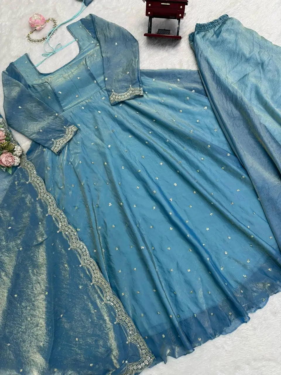 Dusty Teal Fendy Silk Anarkali Palazzo Suit Set