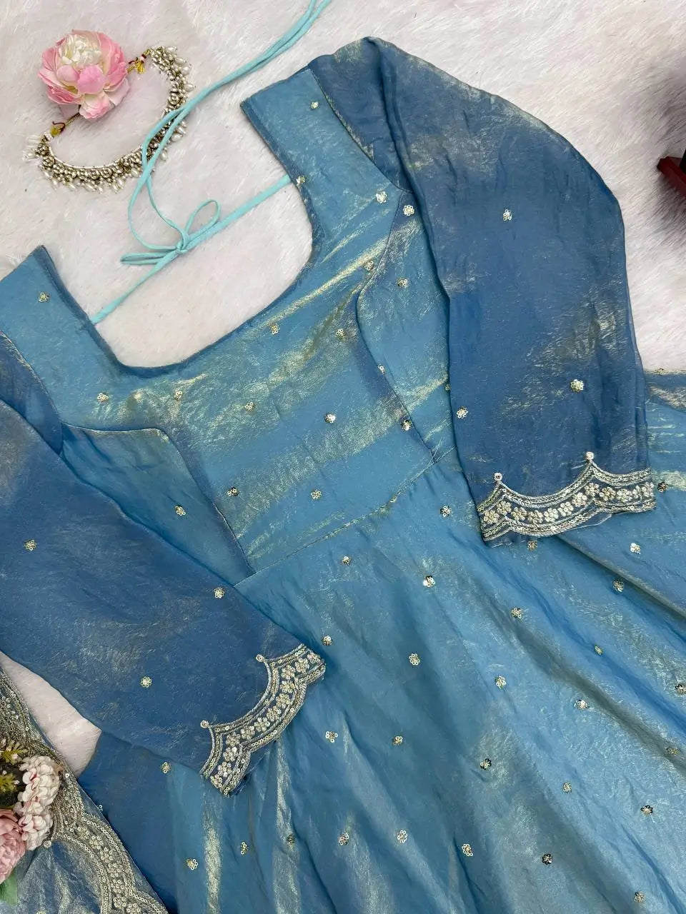 Dusty Teal Fendy Silk Anarkali Palazzo Suit Set