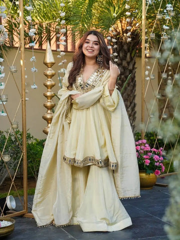 Ivory Cream Cosmos Silk Kurta Palazzo Suit Set