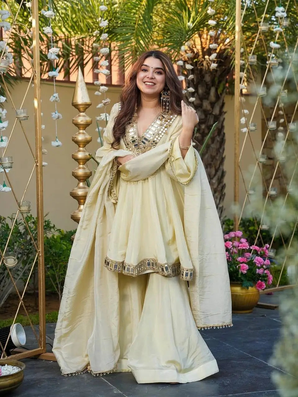 Ivory Cream Cosmos Silk Kurta Palazzo Suit Set