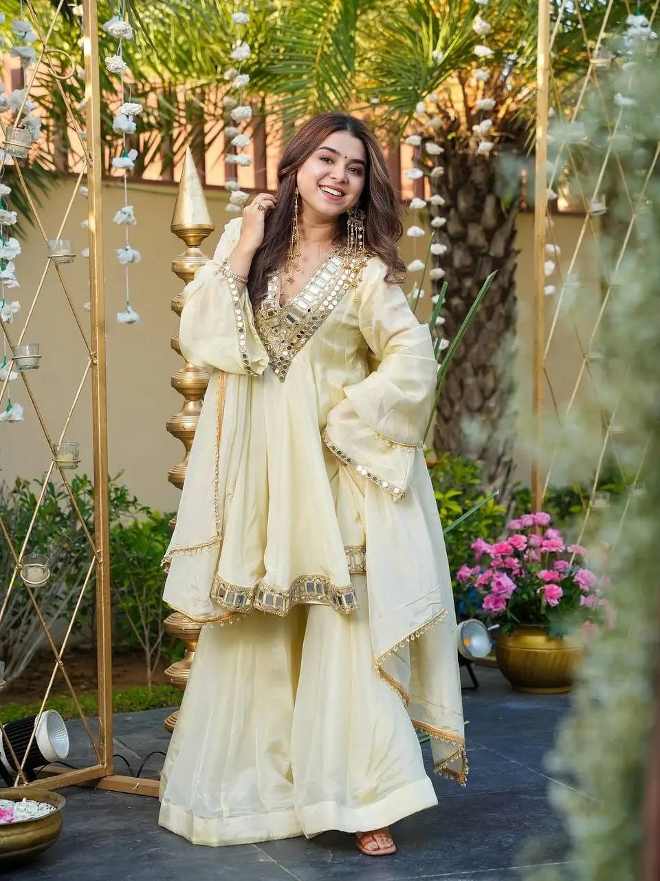 Ivory Cream Cosmos Silk Kurta Palazzo Suit Set
