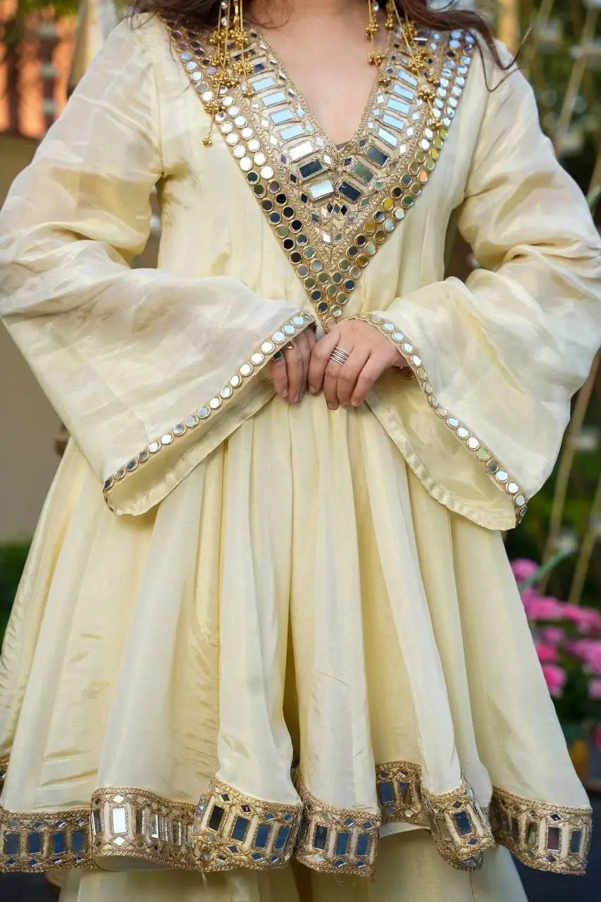 Ivory Cream Cosmos Silk Kurta Palazzo Suit Set
