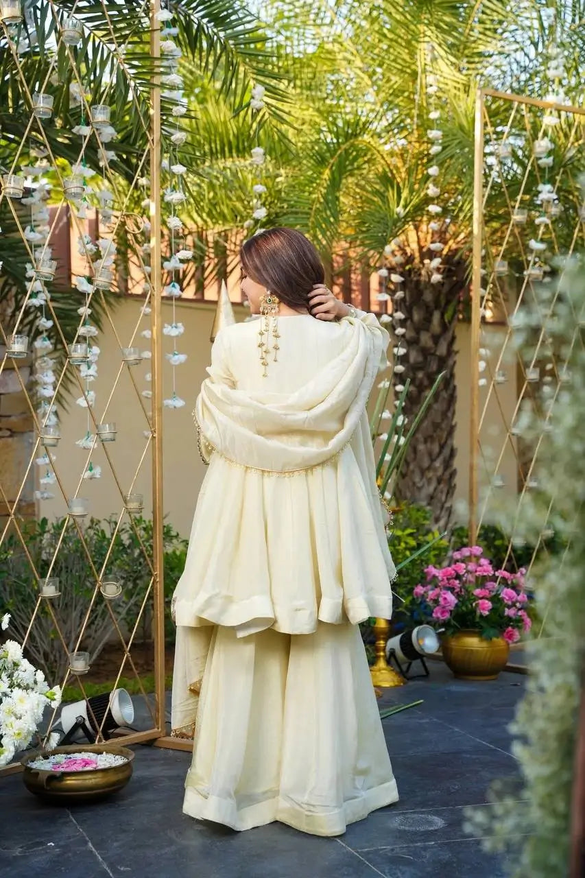 Ivory Cream Cosmos Silk Kurta Palazzo Suit Set