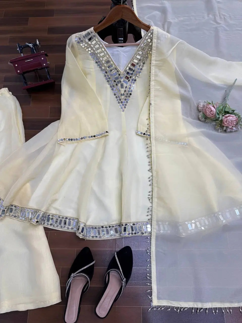Ivory Cream Cosmos Silk Kurta Palazzo Suit Set