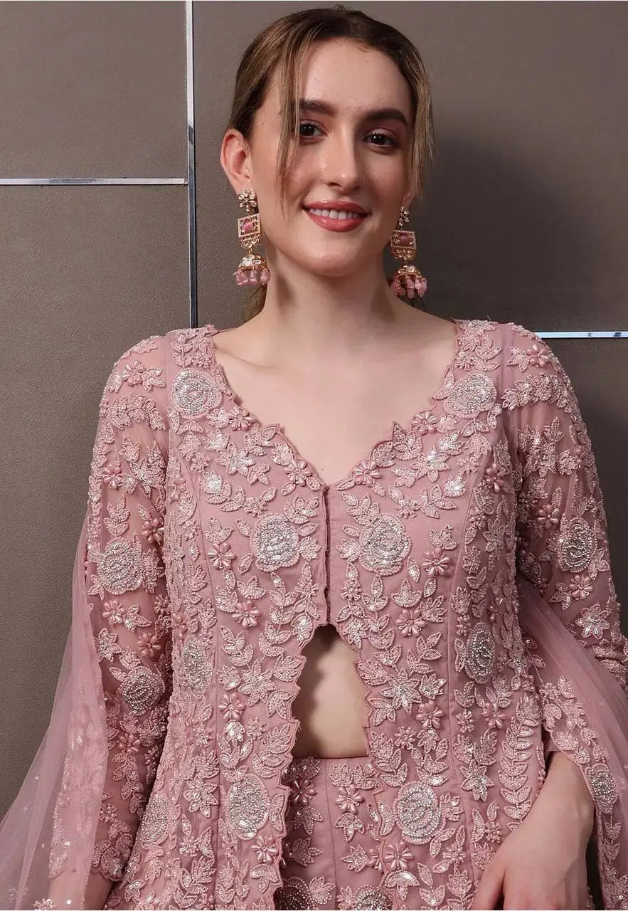Dusty Rose Embroidered Georgette Palazzo Suit Set