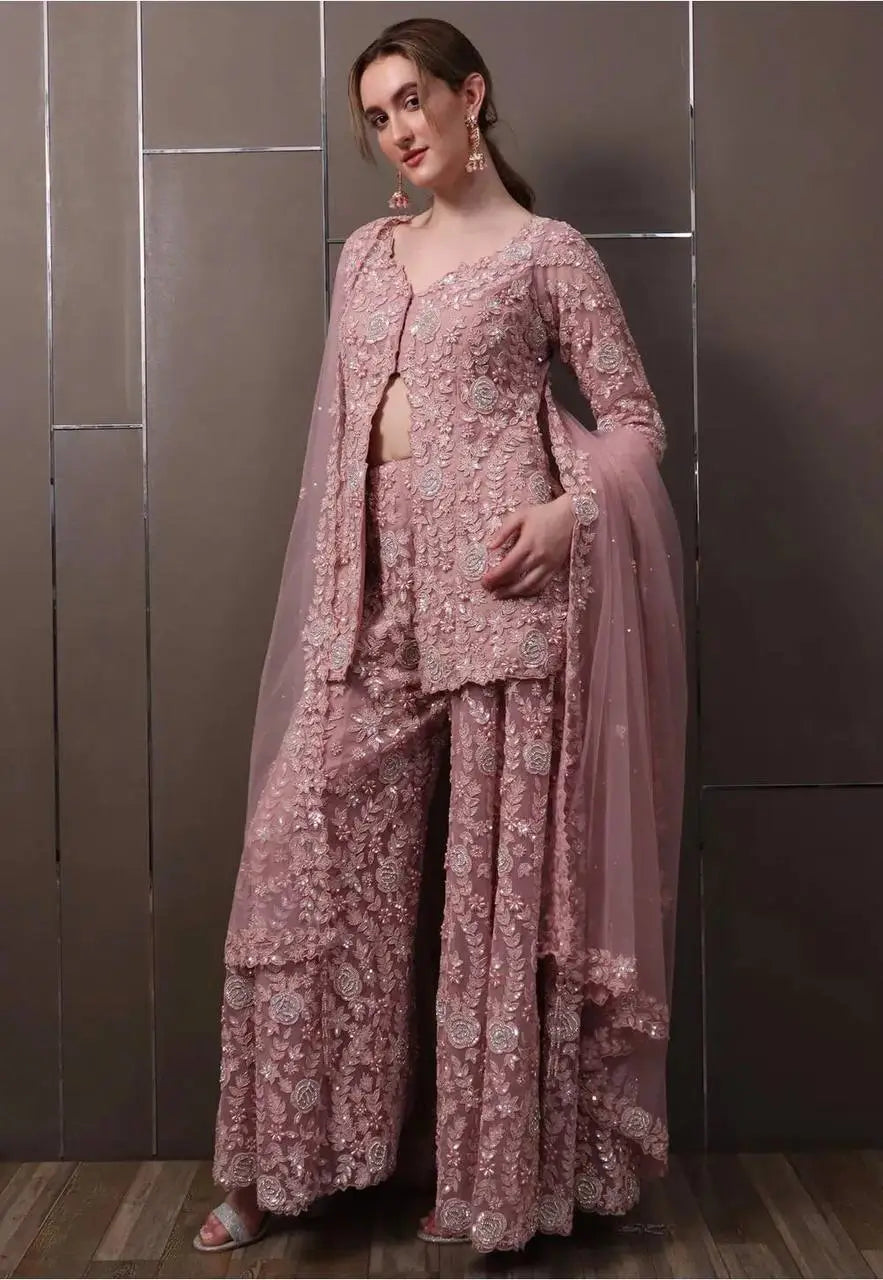 Dusty Rose Embroidered Georgette Palazzo Suit Set