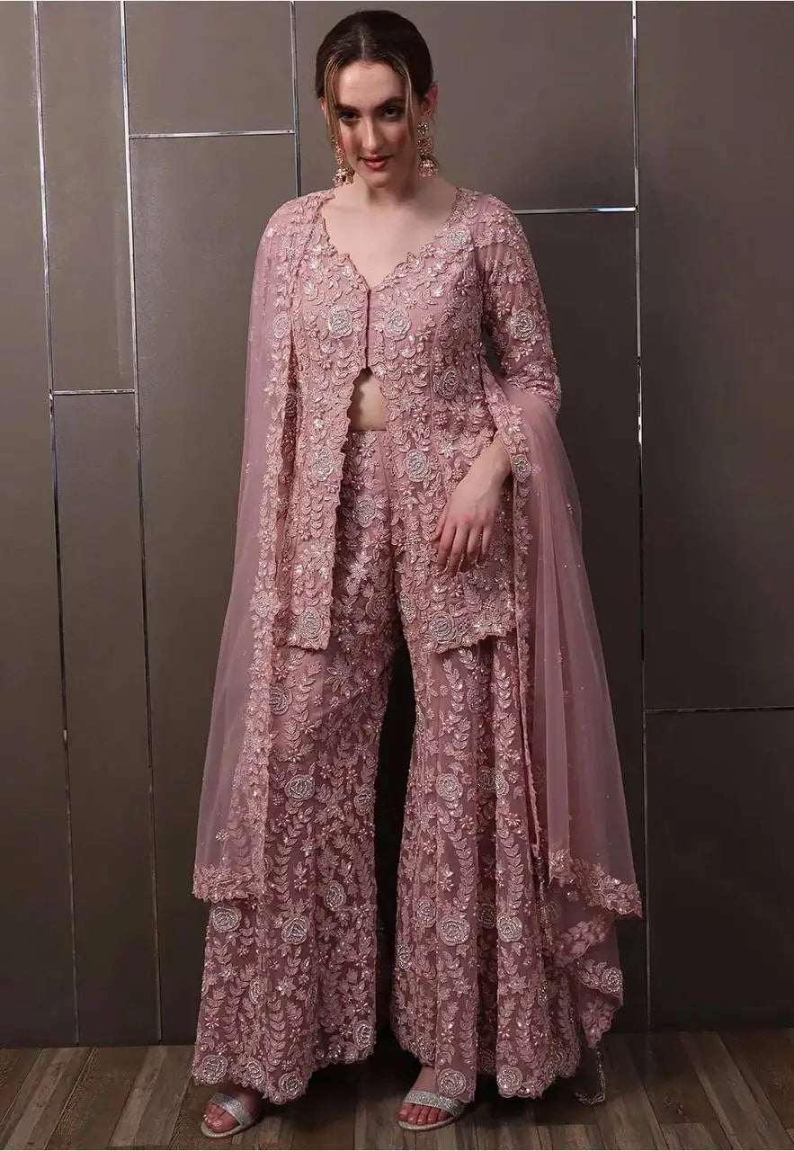 Dusty Rose Embroidered Georgette Palazzo Suit Set