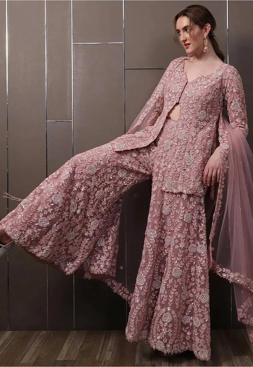 Dusty Rose Embroidered Georgette Palazzo Suit Set