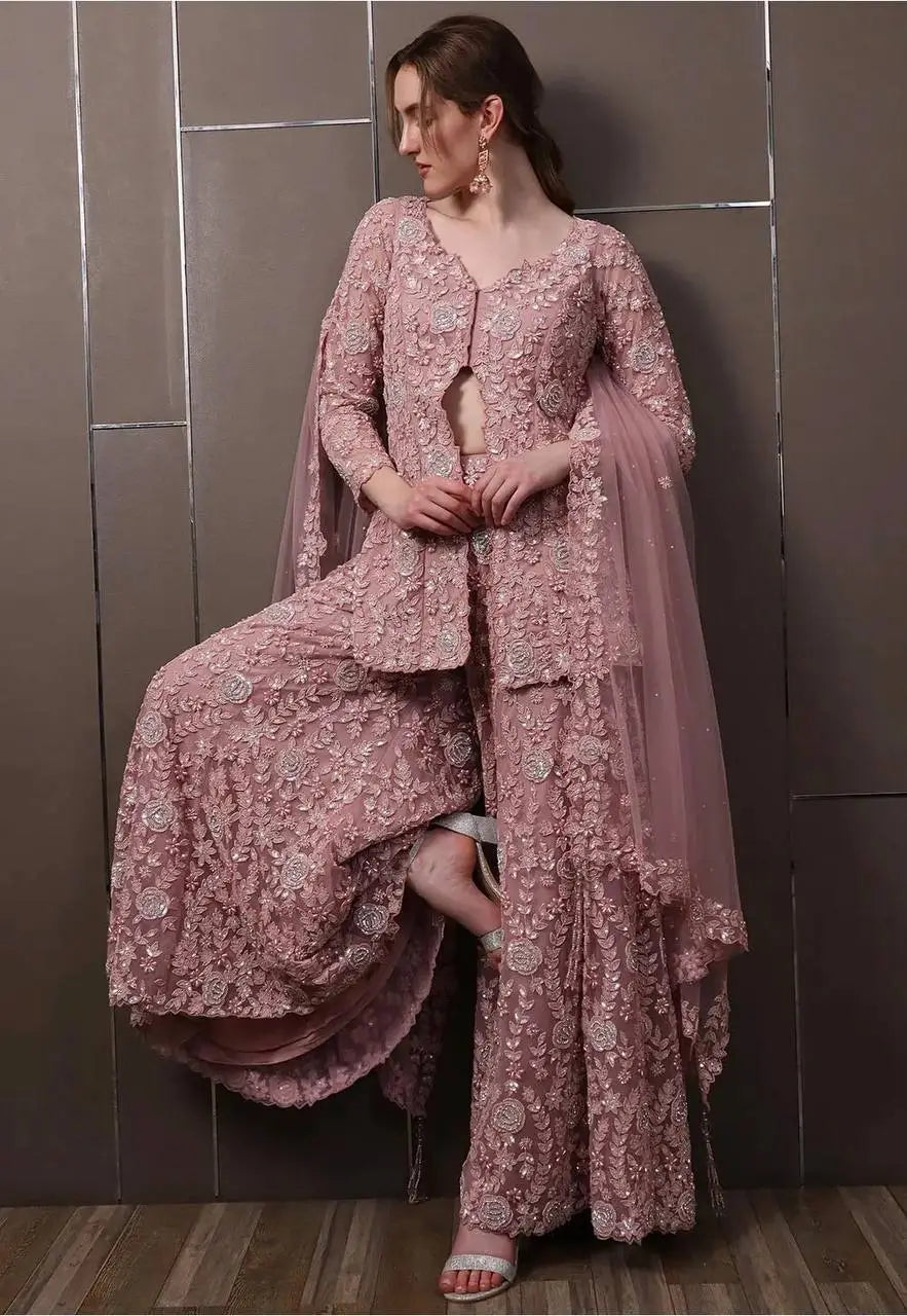 Dusty Rose Embroidered Georgette Palazzo Suit Set